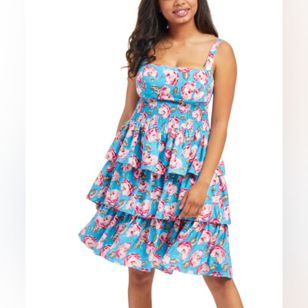Betsy Johnson Blue Rose Floral Midi Dress